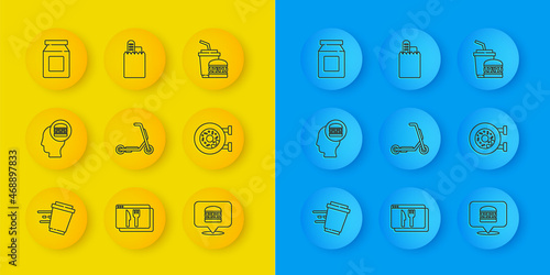 Set line Coffee cup to go, Online ordering and delivery, Scooter, burger, Donut, Paper glass and icon. Vector