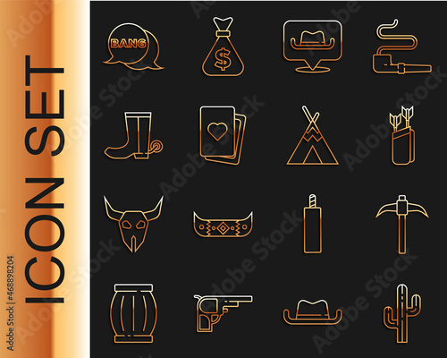 Set line Cactus, Pickaxe, Quiver with arrows, Location cowboy, Deck of playing cards, Cowboy boot, Bang boom, gun Comic and Indian teepee or wigwam icon. Vector