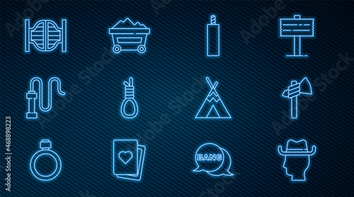 Set line Cowboy, Tomahawk axe, Dynamite bomb, Gallows rope loop hanging, Leather whip, Saloon door, Indian teepee wigwam and Coal mine trolley icon. Vector