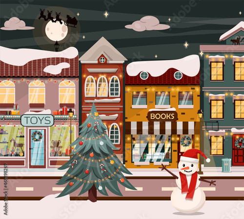 Vector winter street for Christmas. Cartoon illustration with a Christmas tree, houses, a snowman and festive decorations. European cities on Christmas Eve. New Year s Eve, background, postcard for #468898269