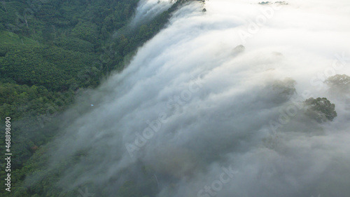 Fototapeta Naklejka Na Ścianę i Meble -  aerial view mist above the mountain in tropical rainforest and .beautiful sunrise scenery view in Phang Nga valley.