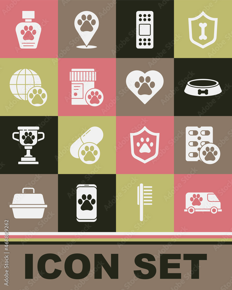 Set Veterinary ambulance, Dog pill, Pet food bowl, Bandage plaster, medicine bottle, World pet, shampoo and Heart with animals footprint icon. Vector Set Veterinary ambulance, Dog pill, Pet food bowl, Bandage plaster, medicine bottle, World pet, shampoo and Heart with animals footprint icon. Vector