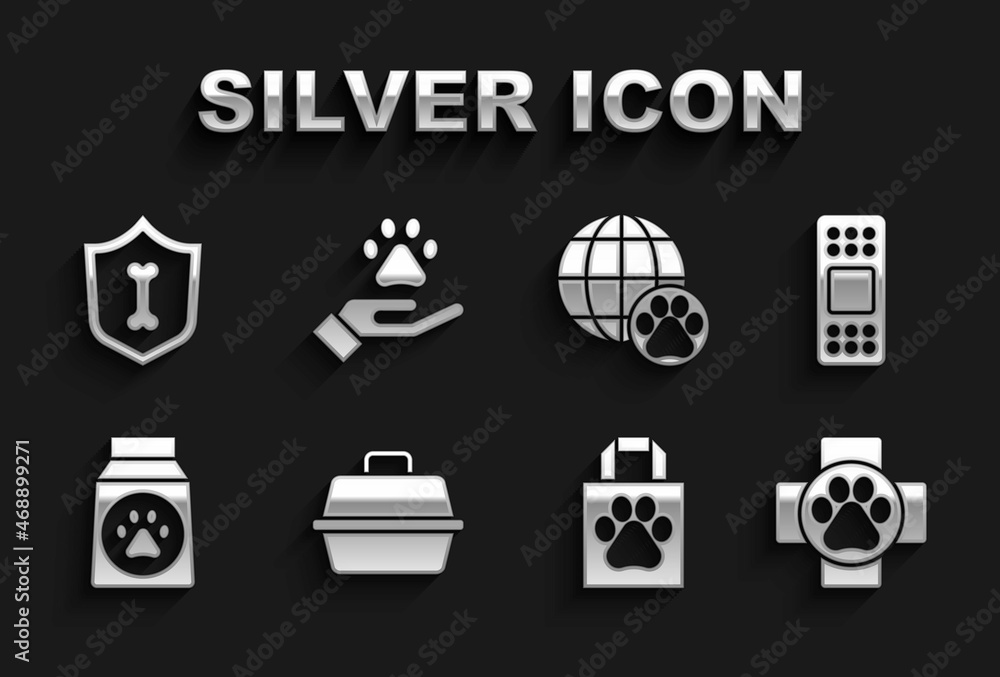 Set Pet carry case, Bandage plaster, Veterinary clinic, Shopping bag pet, Bag of food, World, Animal health insurance and Hands with animals footprint icon. Vector Set Pet carry case, Bandage plaster, Veterinary clinic, Shopping bag pet, Bag of food, World, Animal health insurance and Hands with animals footprint icon. Vector