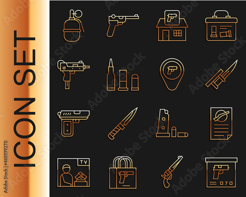 Set line Military ammunition box, Firearms license certificate, Bayonet rifle, Hunting shop weapon, Bullet, UZI submachine gun, Hand grenade and Location with icon. Vector