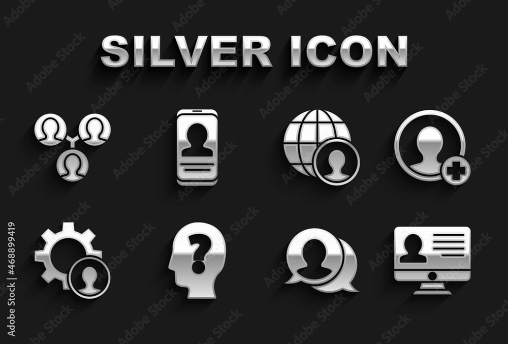 Set Head with question mark, Create account screen, Monitor resume, Speech bubble chat, hunting, Globe and people, Project team base and Mobile icon. Vector Set Head with question mark, Create account screen, Monitor resume, Speech bubble chat, hunting, Globe and people, Project team base and Mobile icon. Vector