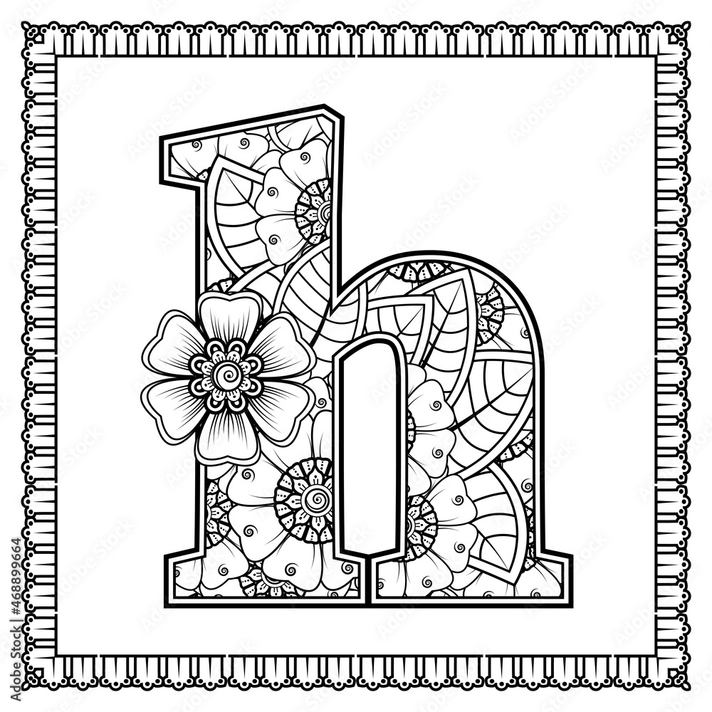 Letter H made of flowers in mehndi style. coloring book page. outline hand-draw vector illustration. Letter H made of flowers in mehndi style. coloring book page. outline hand-draw vector illustration.
