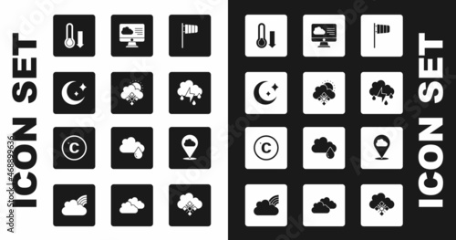 Set Cone windsock wind vane, Cloud with snow and sun, Moon stars, Meteorology thermometer, rain lightning, Weather forecast, Location cloud and Celsius icon. Vector