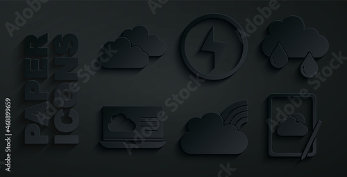 Set Rainbow with clouds, Cloud rain, Weather forecast, Lightning bolt and icon. Vector