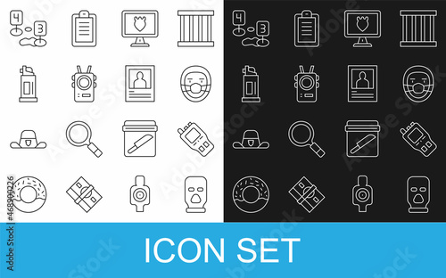 Set line Balaclava, Walkie talkie, Doctor pathologist, Police database, body camera, Pepper spray, Marker of crime scene and Wanted poster icon. Vector