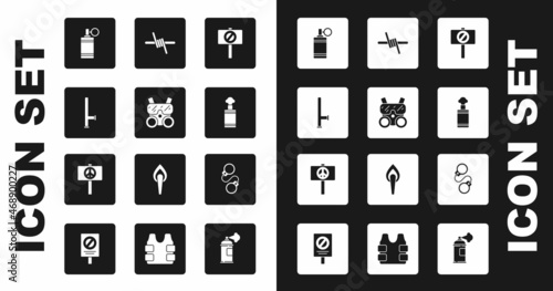 Set Protest, Gas mask, Police rubber baton, Hand grenade, Barbed wire, Handcuffs and Peace icon. Vector