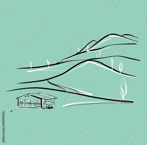 Illustration. A mountain range and a house. A sketch in a linear style. Vector.