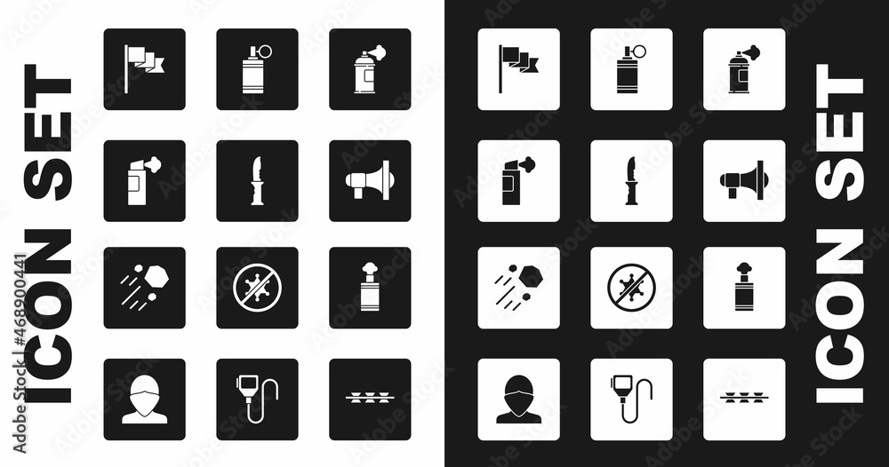 Set Paint spray can, Military knife, Pepper, Location marker, Megaphone, Hand grenade, and Flying stone icon. Vector Set Paint spray can, Military knife, Pepper, Location marker, Megaphone, Hand grenade, and Flying stone icon. Vector