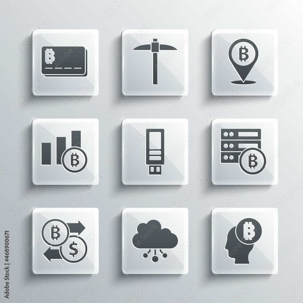 Set Cryptocurrency cloud mining, Bitcoin think, Server bitcoin, USB flash drive, exchange, Pie chart infographic, Credit card with and icon. Vector Set Cryptocurrency cloud mining, Bitcoin think, Server bitcoin, USB flash drive, exchange, Pie chart infographic, Credit card with and icon. Vector