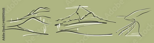 Mountains. A set of illustrations in a linear style, a sketch. Vector.
