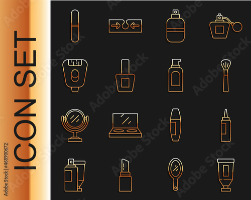 Set line Cream or lotion cosmetic tube, Makeup brush, Perfume, Nail polish bottle, Epilator, file and Spray can for hairspray icon. Vector