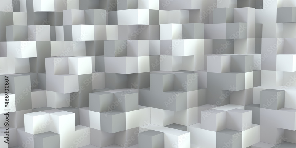 Horizontal composition of white cubes of different sizes as background and texture.. 3D rendering Horizontal composition of white cubes of different sizes as background and texture.. 3D rendering