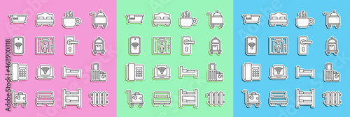 Set line Heating radiator, Suitcase, Coffee cup, Lift, Mobile with wi-fi wireless, Bathtub and Door handle icon. Vector