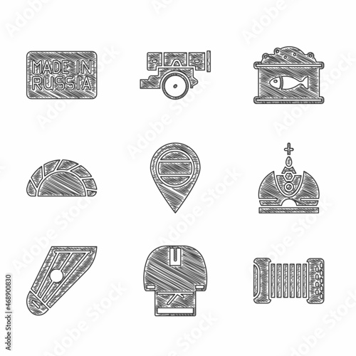 Set Location Russia, Kosovorotka, Accordion, King crown, Kankles, Dumpling, Tin can with caviar and Made icon. Vector
