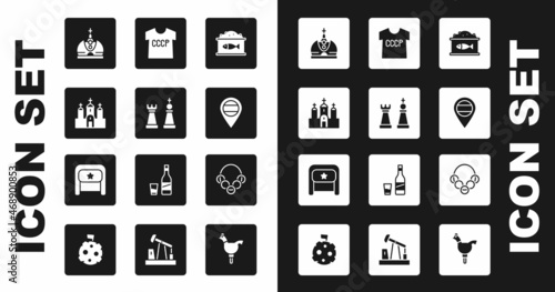 Set Tin can with caviar, Chess, Church building, King crown, Location Russia, USSR t-shirt, Russian bagels and Ushanka icon. Vector
