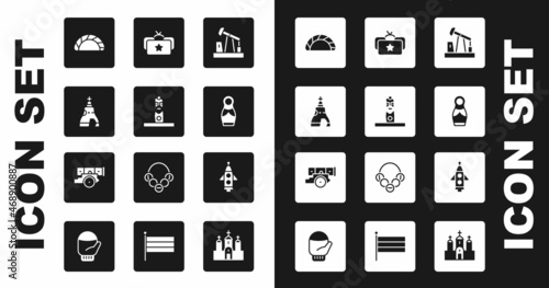 Set Oil pump or pump jack, Slavic pagan idol, The Tsar bell, Dumpling, Russian doll matryoshka, Ushanka, Rocket ship and Cannon icon. Vector