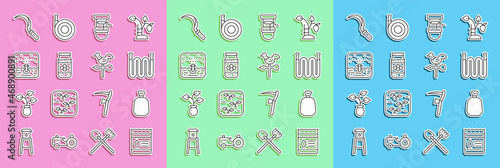 Set line Pack full of seeds of plant, Full sack, Garden hose, Well with bucket, Jar honey, Automatic irrigation sprinklers, Sickle and Rooster weather vane icon. Vector