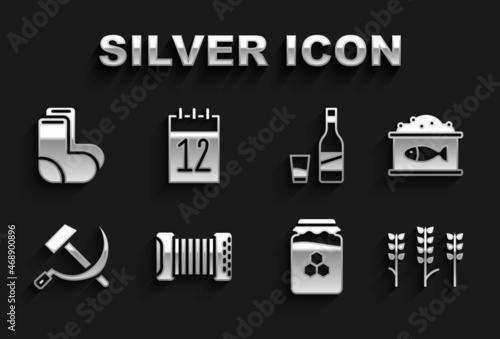 Set Accordion, Tin can with caviar, Wheat, Jar of honey, Hammer and sickle USSR, Bottle vodka glass, Valenki and Calendar 12 june icon. Vector