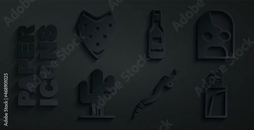 Set Snake, Mexican wrestler, Cactus, Burrito, Tabasco sauce and Poncho icon. Vector