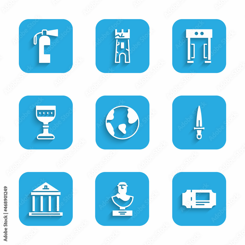 Set Earth globe, Ancient bust sculpture, Museum ticket, Dagger, building, Medieval goblet, Metal detector and Fire extinguisher icon. Vector Set Earth globe, Ancient bust sculpture, Museum ticket, Dagger, building, Medieval goblet, Metal detector and Fire extinguisher icon. Vector