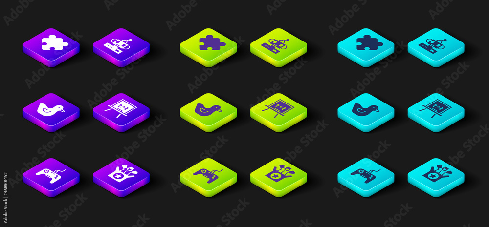 Set Gamepad, Jack in the box toy, Rubber duck, Chalkboard, Robot and Puzzle pieces icon. Vector Set Gamepad, Jack in the box toy, Rubber duck, Chalkboard, Robot and Puzzle pieces icon. Vector