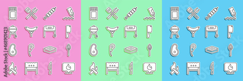 Set line Location with fire flame, Burning match, Meat chopper, Grilled shish kebab, Sausage the fork, Barbecue grill, Matchbox and matches and icon. Vector