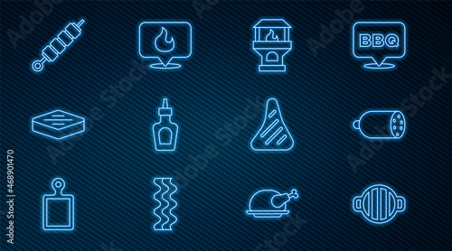 Set line Barbecue grill, Salami sausage, Brick stove, Sauce bottle, Steak meat, Grilled shish kebab, and Location with fire flame icon. Vector