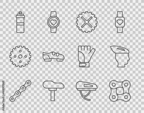 Set line Bicycle chain, sprocket crank, seat, Sport bottle with water, shoes, helmet and icon. Vector