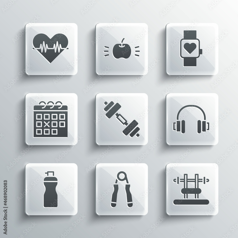 Set Sport expander, Bench with barbel, Headphones, Dumbbell, Fitness shaker, Calendar fitness, Heart rate and Smart watch icon. Vector Set Sport expander, Bench with barbel, Headphones, Dumbbell, Fitness shaker, Calendar fitness, Heart rate and Smart watch icon. Vector