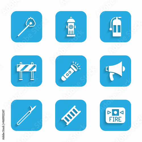 Set Flashlight, Fire escape, alarm system, Megaphone, Metal pike pole, Road barrier, extinguisher and Burning match with fire icon. Vector
