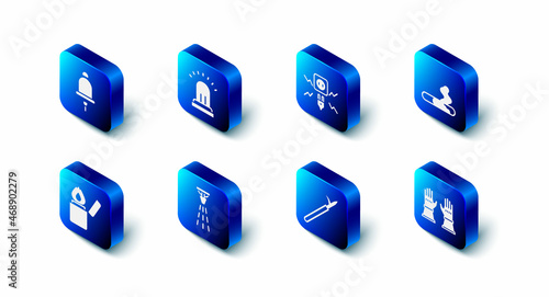 Set Ringing alarm bell, Electricity spark, Cigarette, Firefighter gloves, Metal pike pole, sprinkler, Lighter and icon. Vector