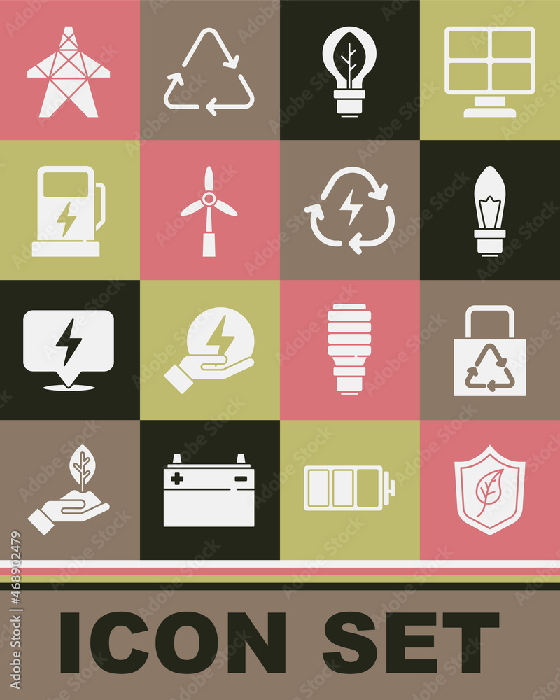 Set Shield with leaf, Paper bag recycle, Light bulb, Wind turbine, Electric car charging station, tower and Battery icon. Vector Set Shield with leaf, Paper bag recycle, Light bulb, Wind turbine, Electric car charging station, tower and Battery icon. Vector