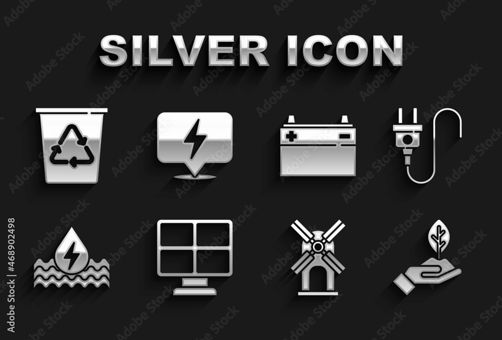Set Solar energy panel, Electric plug, Plant in hand, Wind turbine, Water, Car battery, Recycle with recycle and Lightning bolt icon. Vector Set Solar energy panel, Electric plug, Plant in hand, Wind turbine, Water, Car battery, Recycle with recycle and Lightning bolt icon. Vector