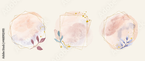 Abstract watercolor floral frame background vector.  Watercolor invitation design with leaves, flower , gold geometric frame and watercolor brush strokes. Vector illustration.
