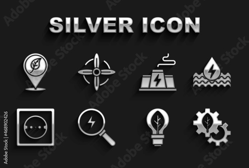 Set Lightning bolt, Water energy, Leaf plant gear machine, bulb with leaf, Electrical outlet, Power station factory, Location and Wind turbine icon. Vector