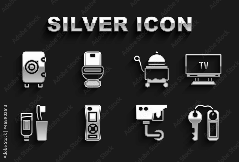 Set Remote control, Smart Tv, Hotel door lock key, Security camera, Toothbrush and toothpaste, Covered with tray, Safe and Toilet bowl icon. Vector Set Remote control, Smart Tv, Hotel door lock key, Security camera, Toothbrush and toothpaste, Covered with tray, Safe and Toilet bowl icon. Vector