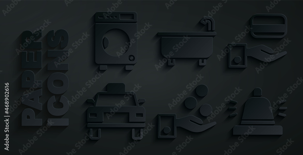 Set Paying tips, Digital door lock, Taxi car, Hotel service bell, Bathtub and Washer icon. Vector Set Paying tips, Digital door lock, Taxi car, Hotel service bell, Bathtub and Washer icon. Vector