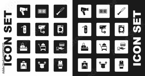 Set Knife, Security camera, Door handle, Hair dryer, Washer, Electrical outlet, Digital door lock and Hotel reception desk icon. Vector