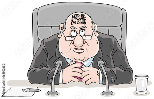 Angry government official with a QR code on his forehead sitting at his desk and making an official statement at a meeting, vector cartoon illustration on a white background