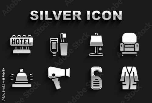 Set Hair dryer, Armchair, Bathrobe, Please do not disturb, Hotel service bell, Table lamp, Signboard with text and Toothbrush and toothpaste icon. Vector