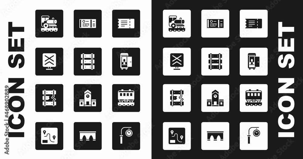 Set Train ticket, Railway, railroad track, Railroad crossing, Vintage locomotive, Toilet the train car, Passenger cars and Broken rails on railway icon. Vector Set Train ticket, Railway, railroad track, Railroad crossing, Vintage locomotive, Toilet the train car, Passenger cars and Broken rails on railway icon. Vector