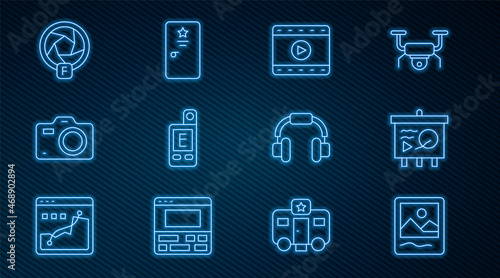 Set line Photo frame, Scenario on chalkboard, Play Video, Light meter, camera, Camera shutter, Headphones and Backstage icon. Vector