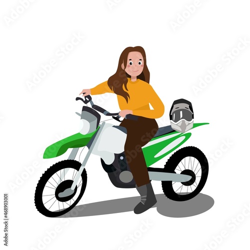 beautiful woman sitting behind the wheel of a motorcycle. Motorcycle helmet. Vector illustration