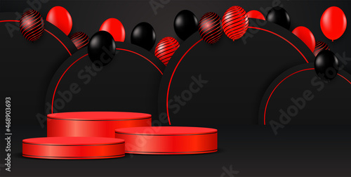 Black Friday Sale theme product display podium. Design with black- red balloons on black background .Vector. illustration.