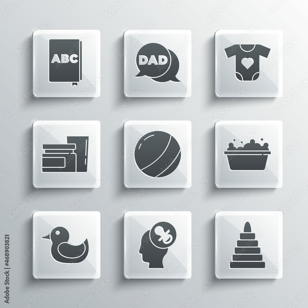 Set Baby dummy pacifier, Pyramid toy, bathtub, Beach ball, Rubber duck, food, ABC book and clothes icon. Vector Set Baby dummy pacifier, Pyramid toy, bathtub, Beach ball, Rubber duck, food, ABC book and clothes icon. Vector