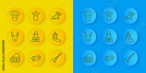 Set line Ticket, Rabbit with ears, Magician, Witches broom, Hand holding fire, hat, Hermes sandal and Wizard warlock icon. Vector